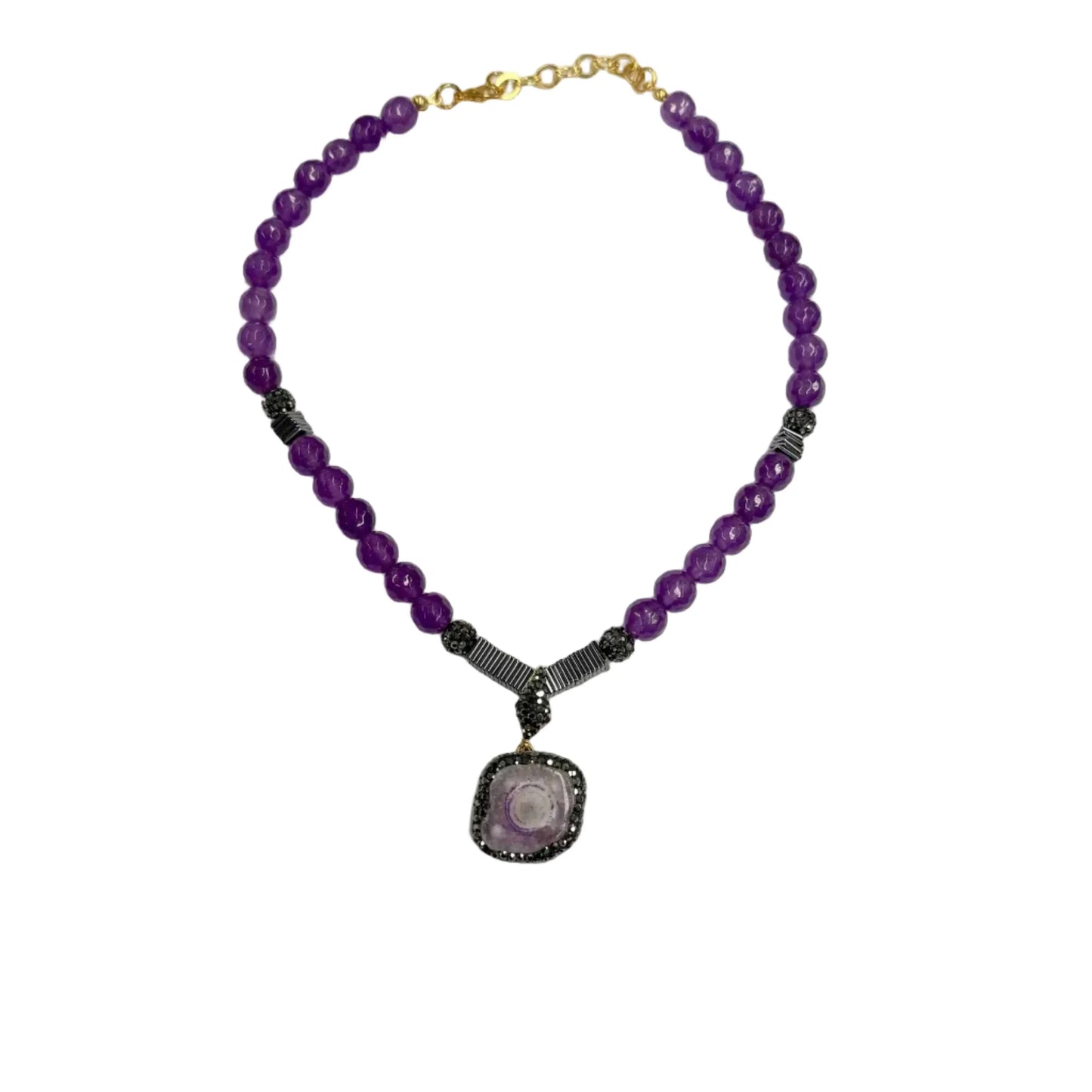 Gold Plated Natural Amethyst Pendant & Beaded Necklace Hey Bou