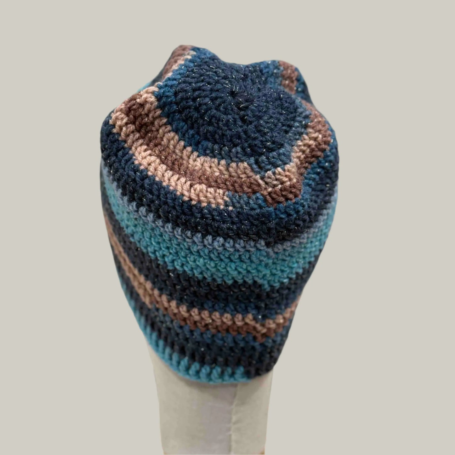 Blue 1 Double & Treble Crochet Adult Sparkle Beanie 50-58cm H 22cm HeyBou - Made by Lisa