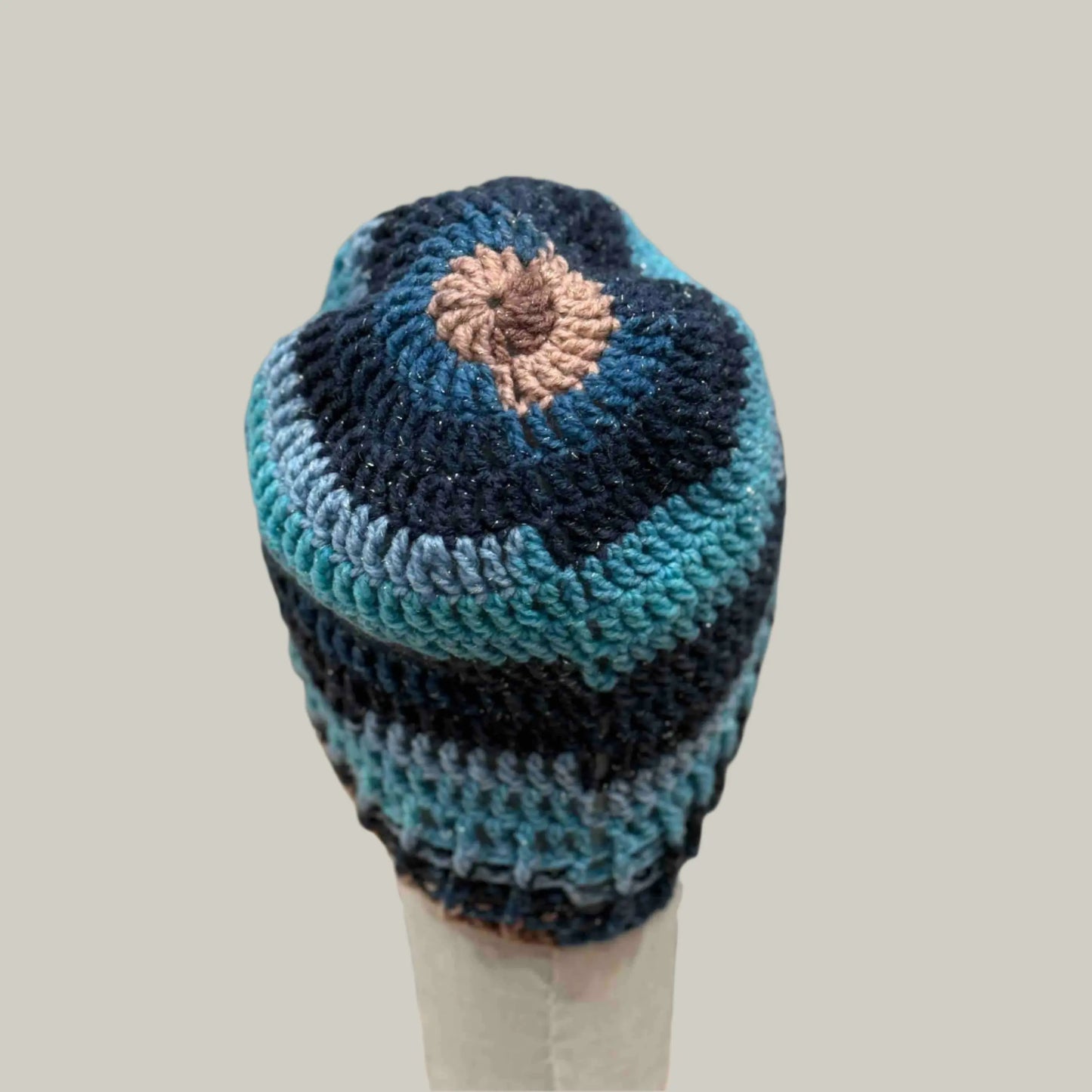 Blue 3 Treble Crochet 5cm Rib Child/Adult Sparkle Beanie 42-59cm H 23cm HeyBou - Made by Lisa