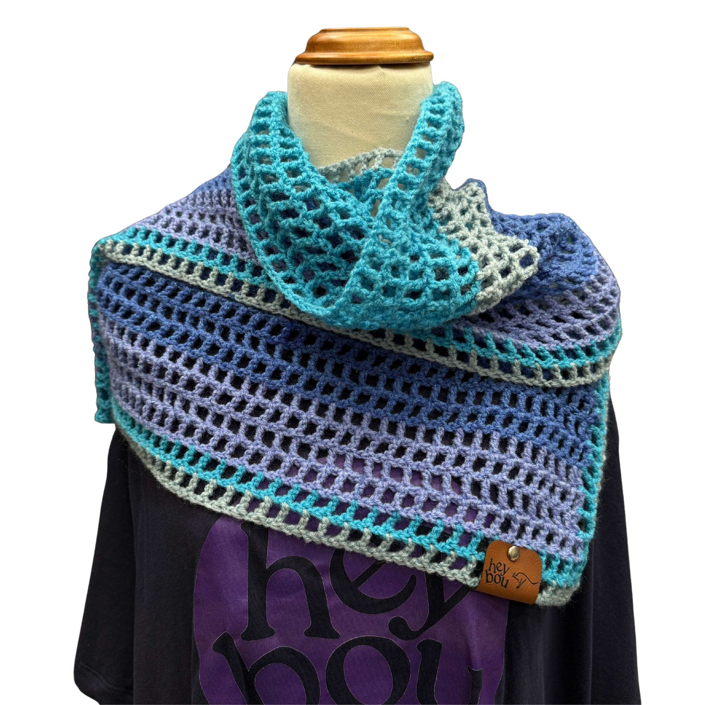 Blue Mauve Purple Grey Treble Crochet Sparkle Scarf 140cm x 29cm HeyBou