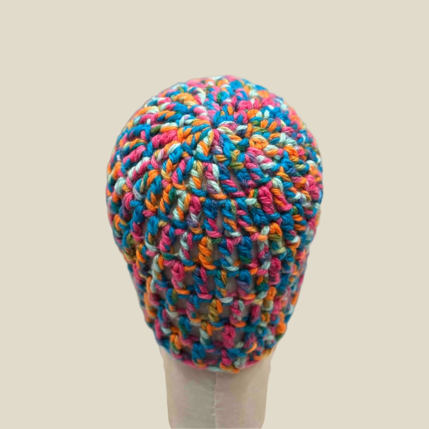 Bulky Multi Pink Blues Greens Orange Treble Crochet Child Beanie 42-55cm H 19cm HeyBou - Made by Lisa