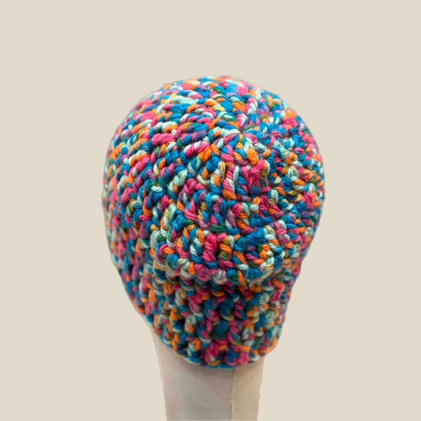 Bulky Multi Pink Blues Greens Orange Treble Crochet Adult Beanie 53-64cm H 23cm HeyBou - Made by Lisa