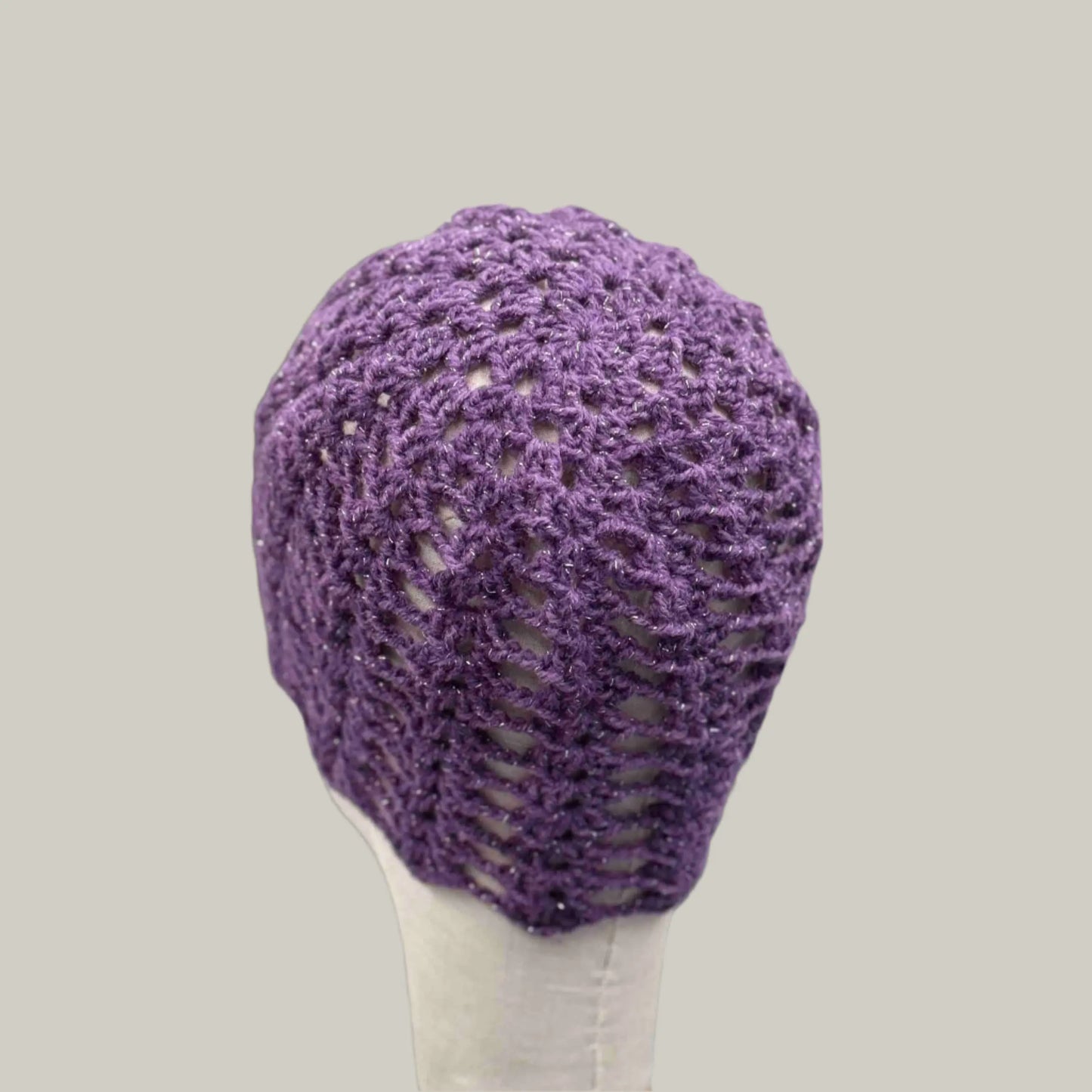 Dark Purple Open Lace Treble Crochet Sparkle Child/Adult Beanie 46-60cm H 21cm HeyBou - Made by Lisa