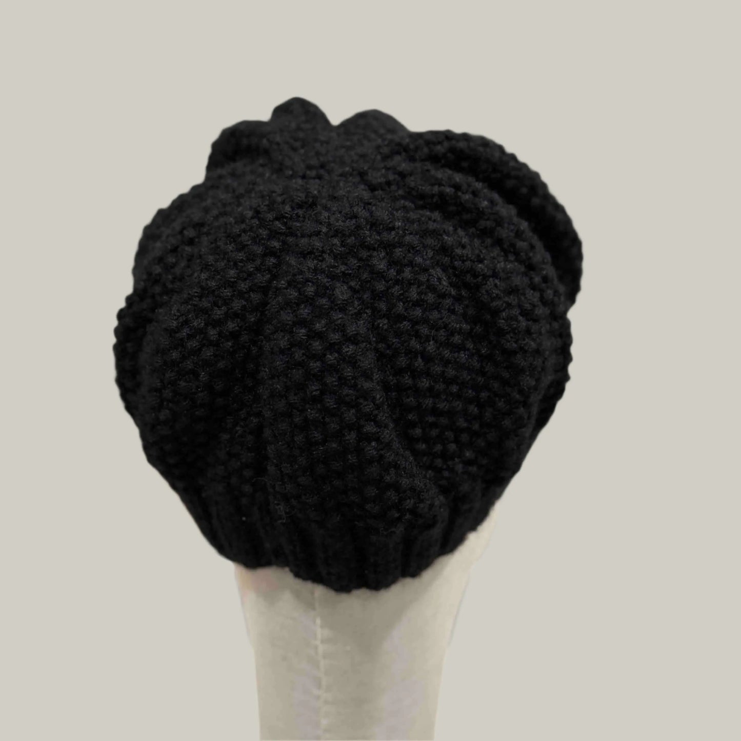 Black French Beret Knit Moss Stitch Short Adult Beanie 50-69cm H 19cm HeyBou