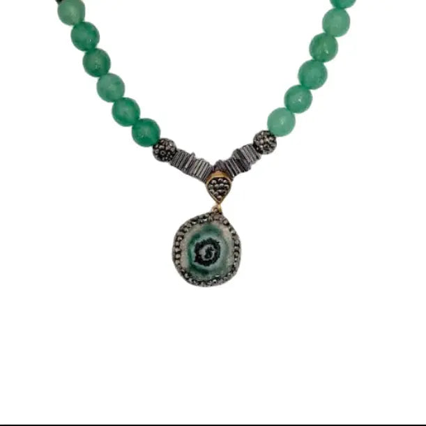 Gold Plated Natural Green Pendant & Beaded Necklace Hey Bou
