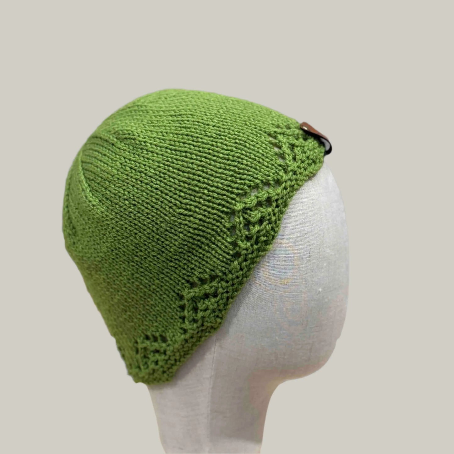 Lime Green Knitted Lace Edge Adult Beanie 50-58cm H 20cm HeyBou - Made by Lisa