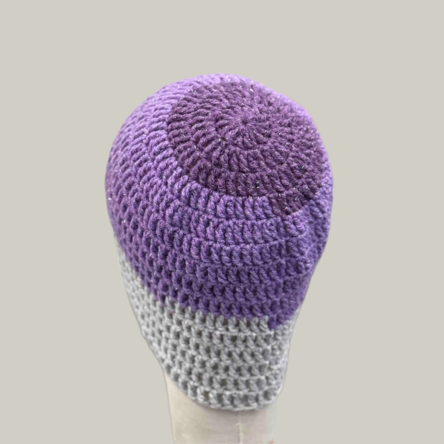 Purple Grey 1 Treble Crochet Sparkle Adult Beanie 52-64cm H 22cm HeyBou - Made by Lisa