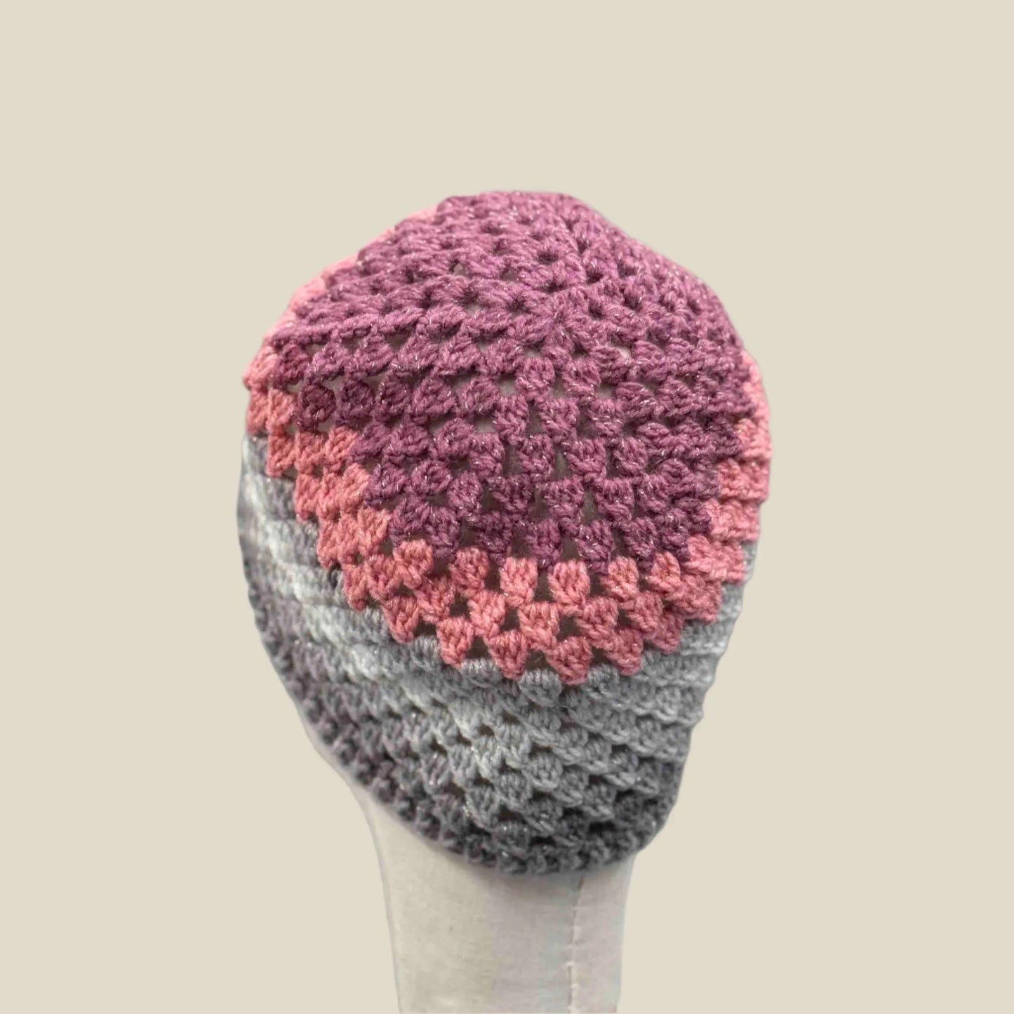 Purple Pink Greys Double Crochet Cluster 2cm Rib XL Adult Beanie 58-78cm H 21cm HeyBou - Made by Lisa