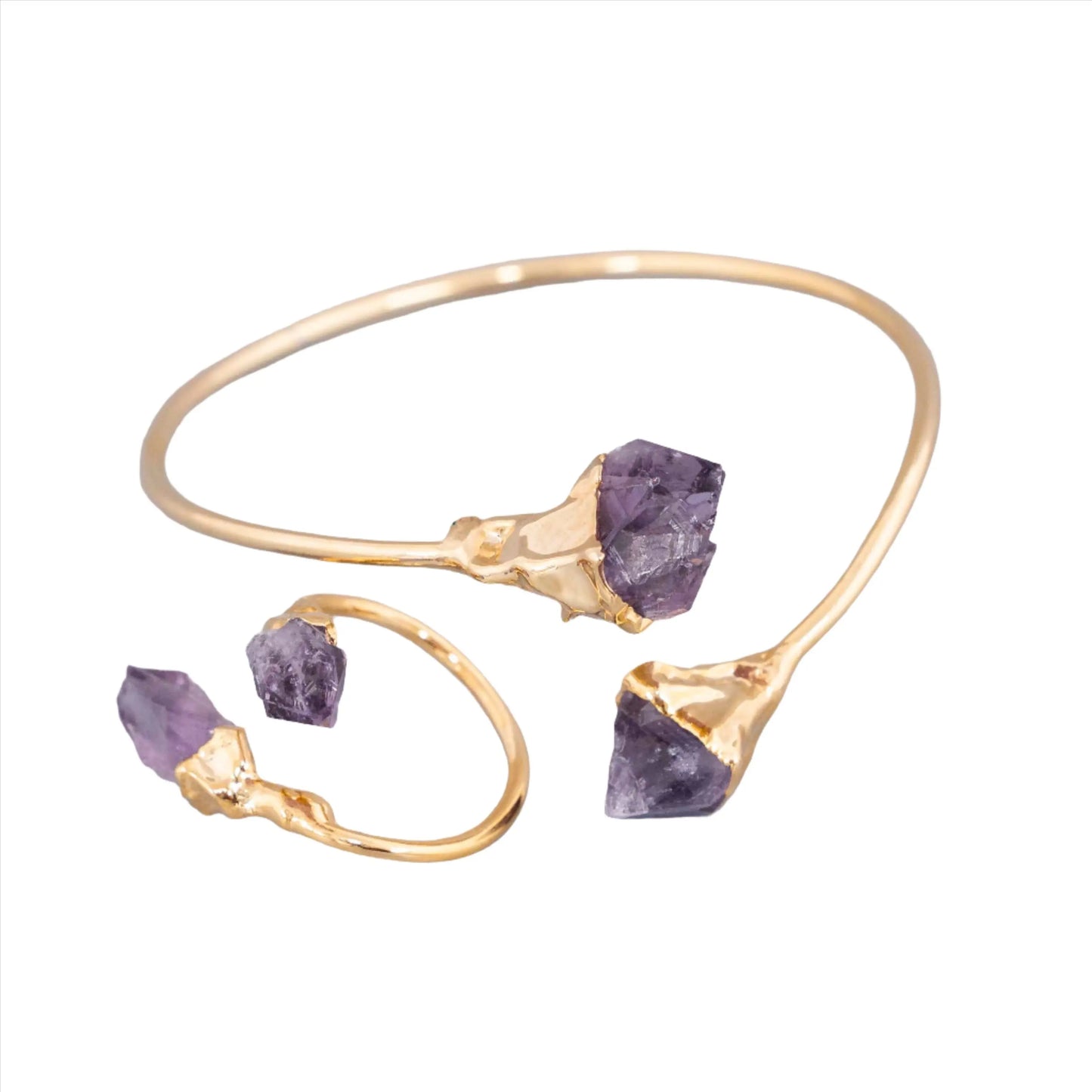 Gold Plated Raw Amethyst Bracelet and Ring Set Hey Bou