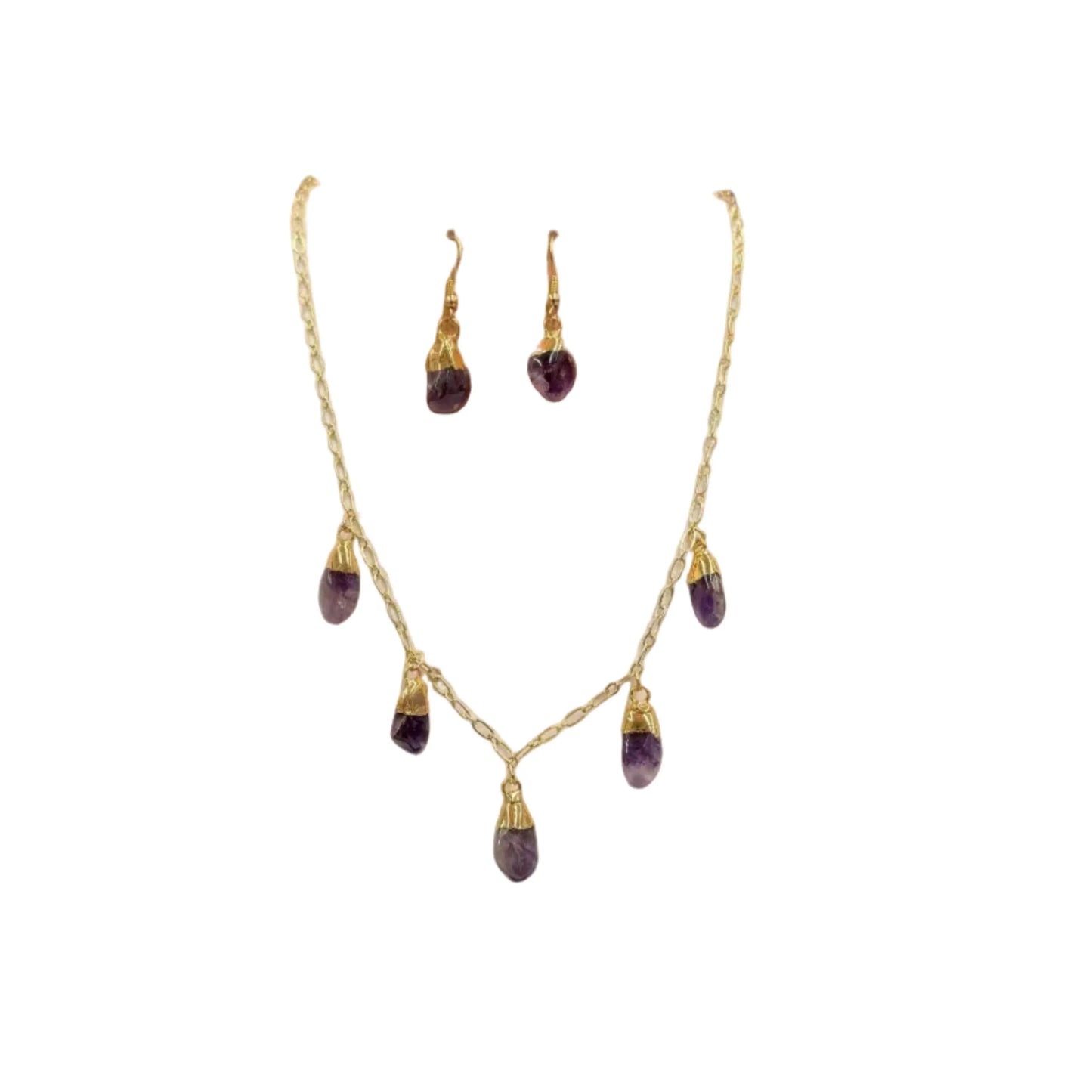 Gold Plated Smooth Amethyst Necklace and Earring Set Hey Bou