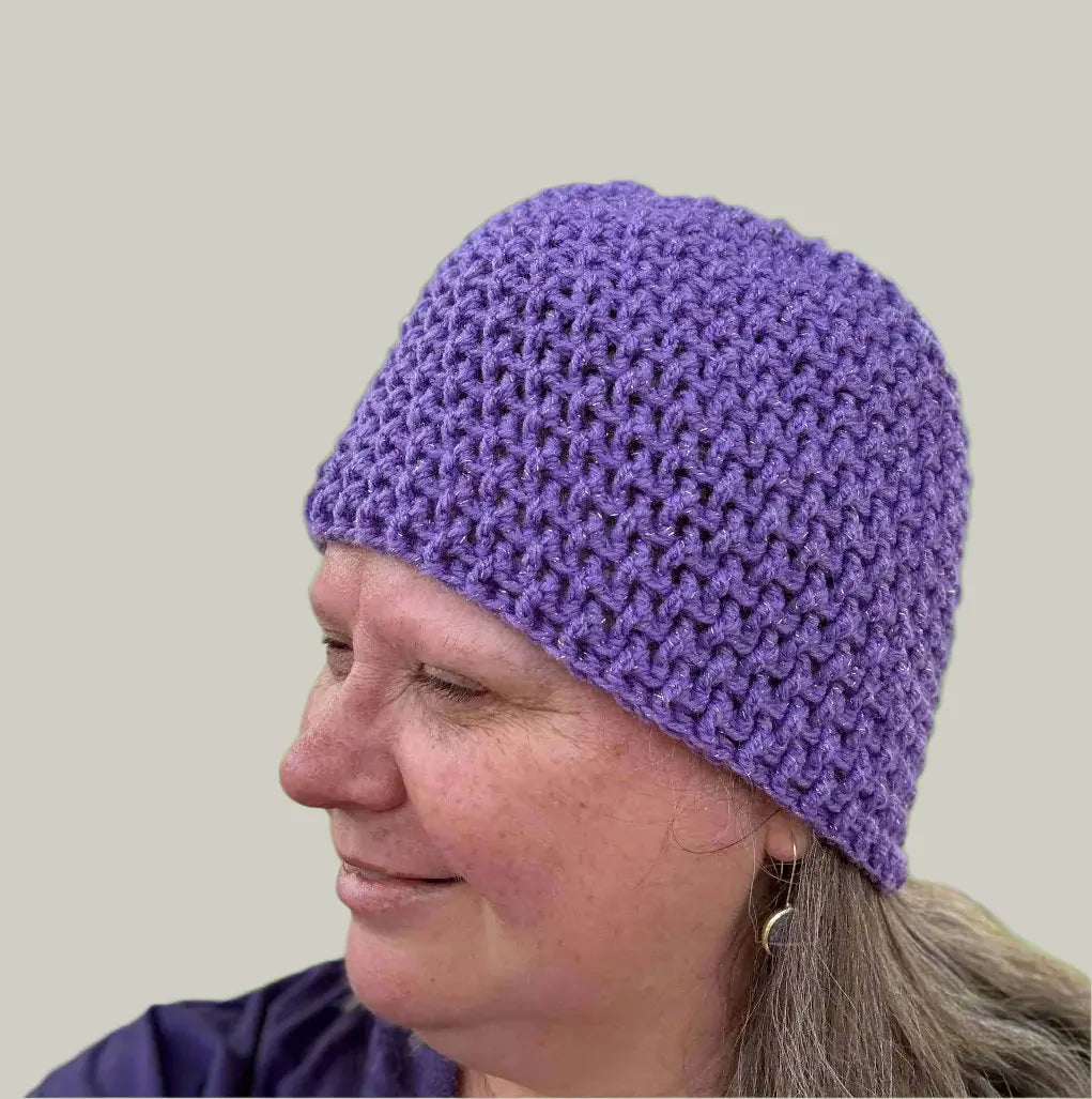 Sparkle Purple Treble Crochet Moss Rib Adult Beanie 56-75cm H 22cm HeyBou