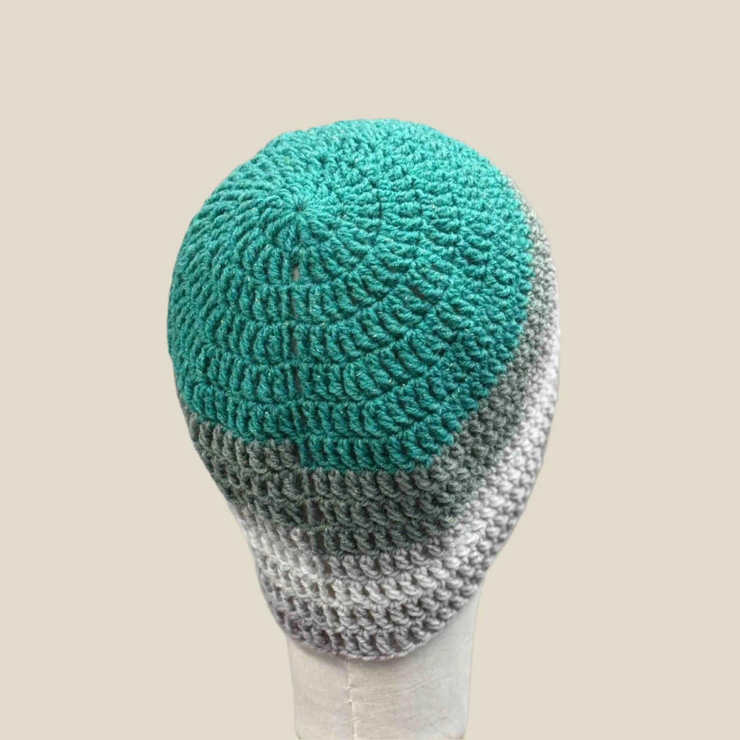 Teal Greys Treble Crochet Adult Sparkle Beanie 53-71cm H 21cm HeyBou - Made by Lisa