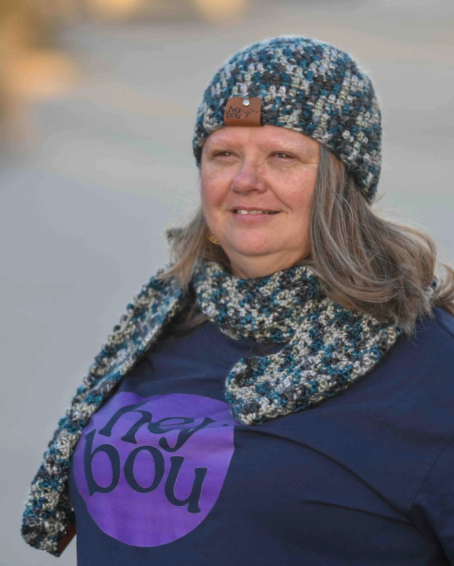 Teal & Grey Soft Child/Adult Double Crochet Beanie 47-62cm H 21cm HeyBou - Made by Lisa