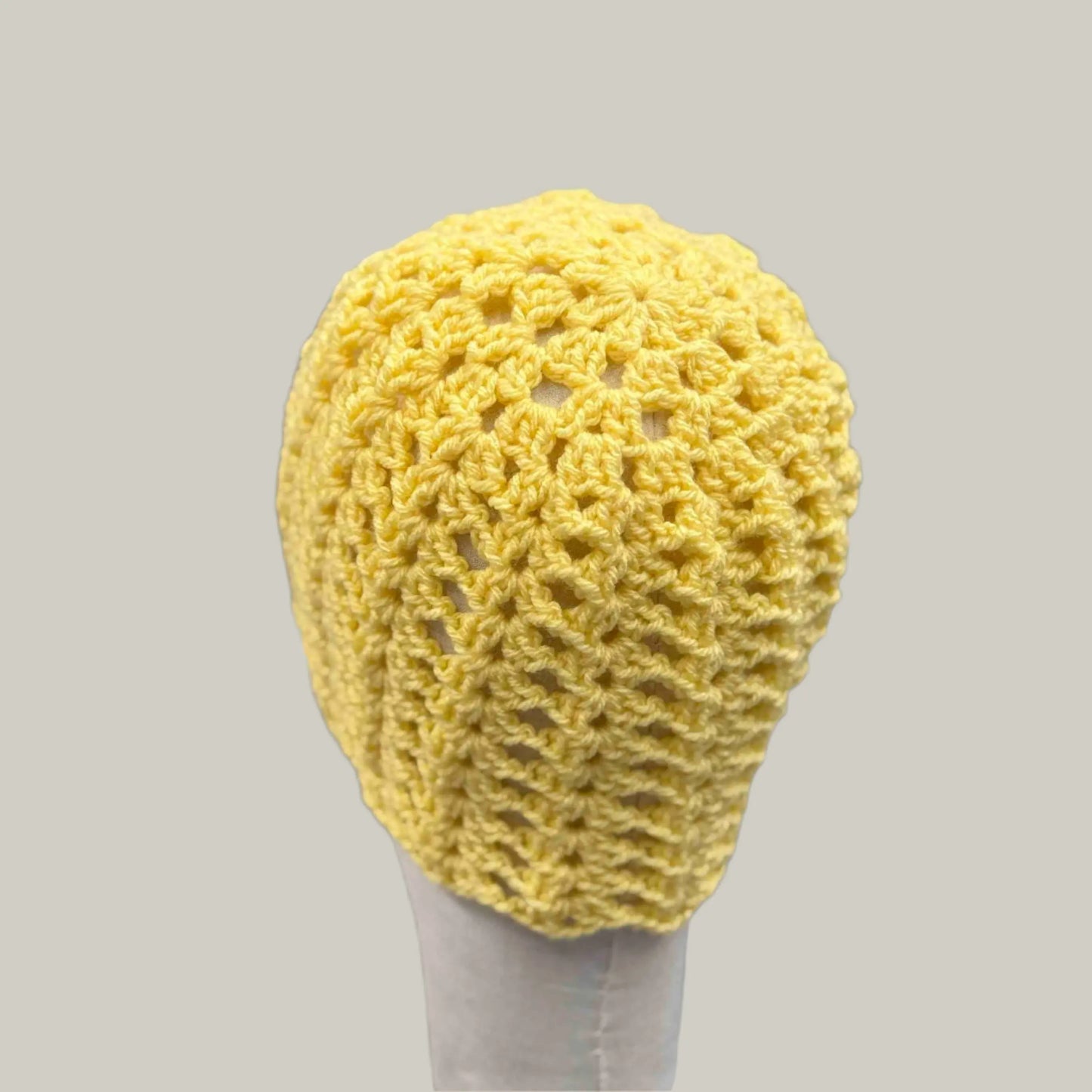 Yellow Open Lace Double Crochet Adult Beanie 53-74cm H 21cm HeyBou - Made by Lisa