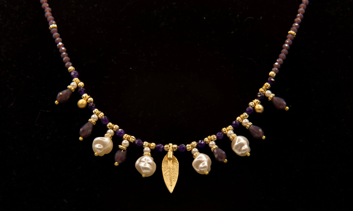 Gold Purple Stone, Leaf and Pearl Stone Necklace Hey Bou