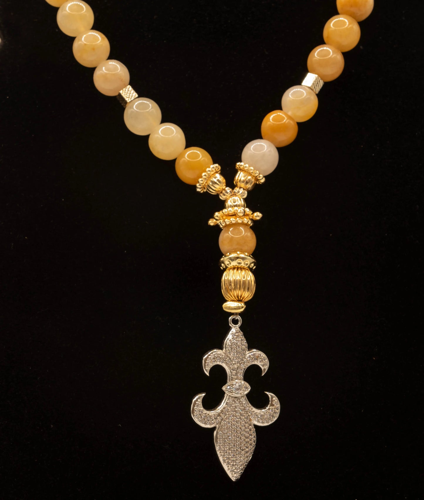 Fleur-de-lis with Champagne Natural Stone Bead Necklace Point
