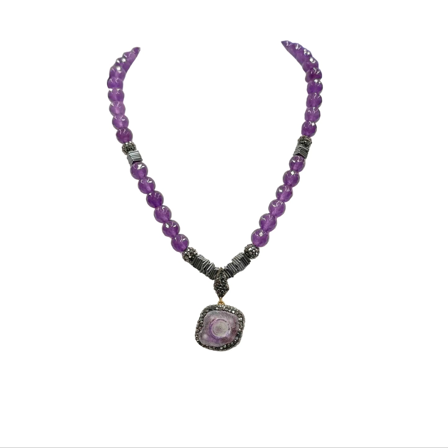 Gold Plated Natural Amethyst Pendant & Beaded Necklace Hey Bou