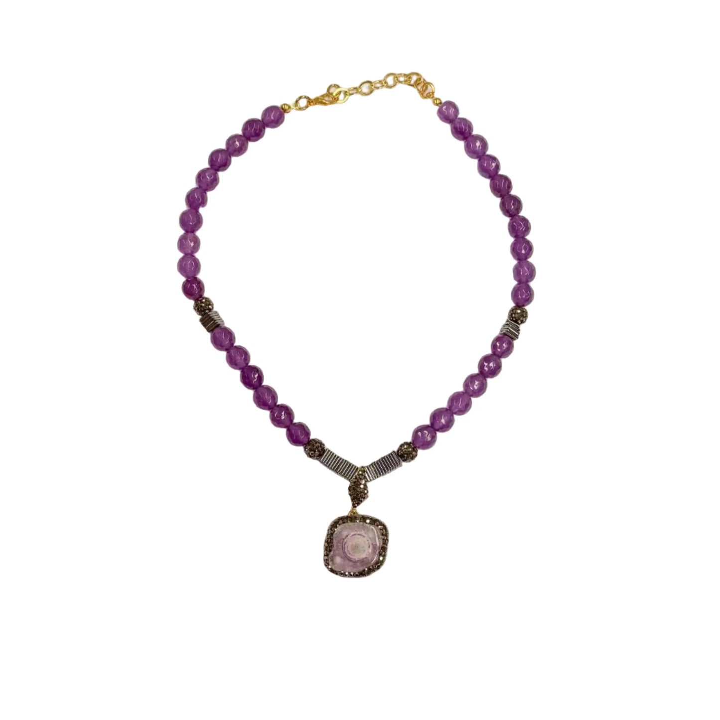 Gold Plated Natural Amethyst Pendant & Beaded Necklace Hey Bou
