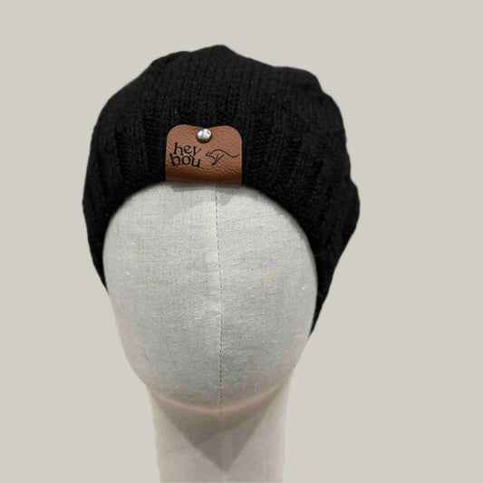 Black 2" Rib Knit Child/Adult Beanie 40-60cm H 20.5cm HeyBou