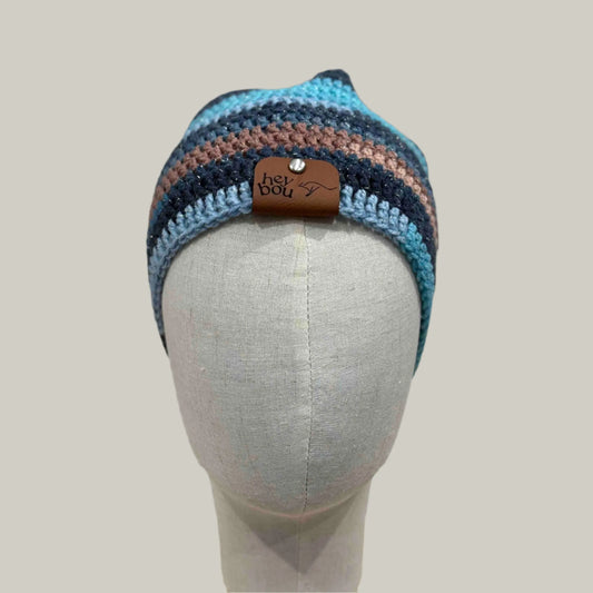 Blue 1 Double & Treble Crochet Adult Sparkle Beanie 50-58cm H 22cm HeyBou - Made by Lisa