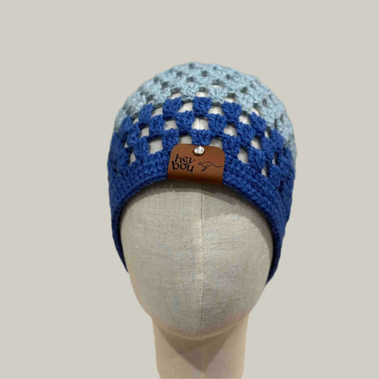 Blue Grey Purple Treble Cluster Adult Beanie 54-64cm H 22cm HeyBou - Made by Lisa