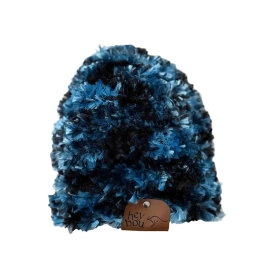 Blue Fluffy Knitted Child Beanie 44-52cm H 19cm HeyBou - Made by Lisa