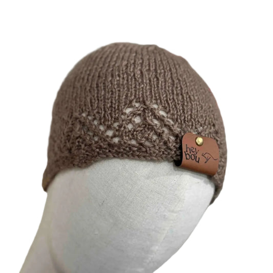Brown Knitted Lace Edge Child Beanie 42-51cm H 20cm HeyBou - Made by Lisa