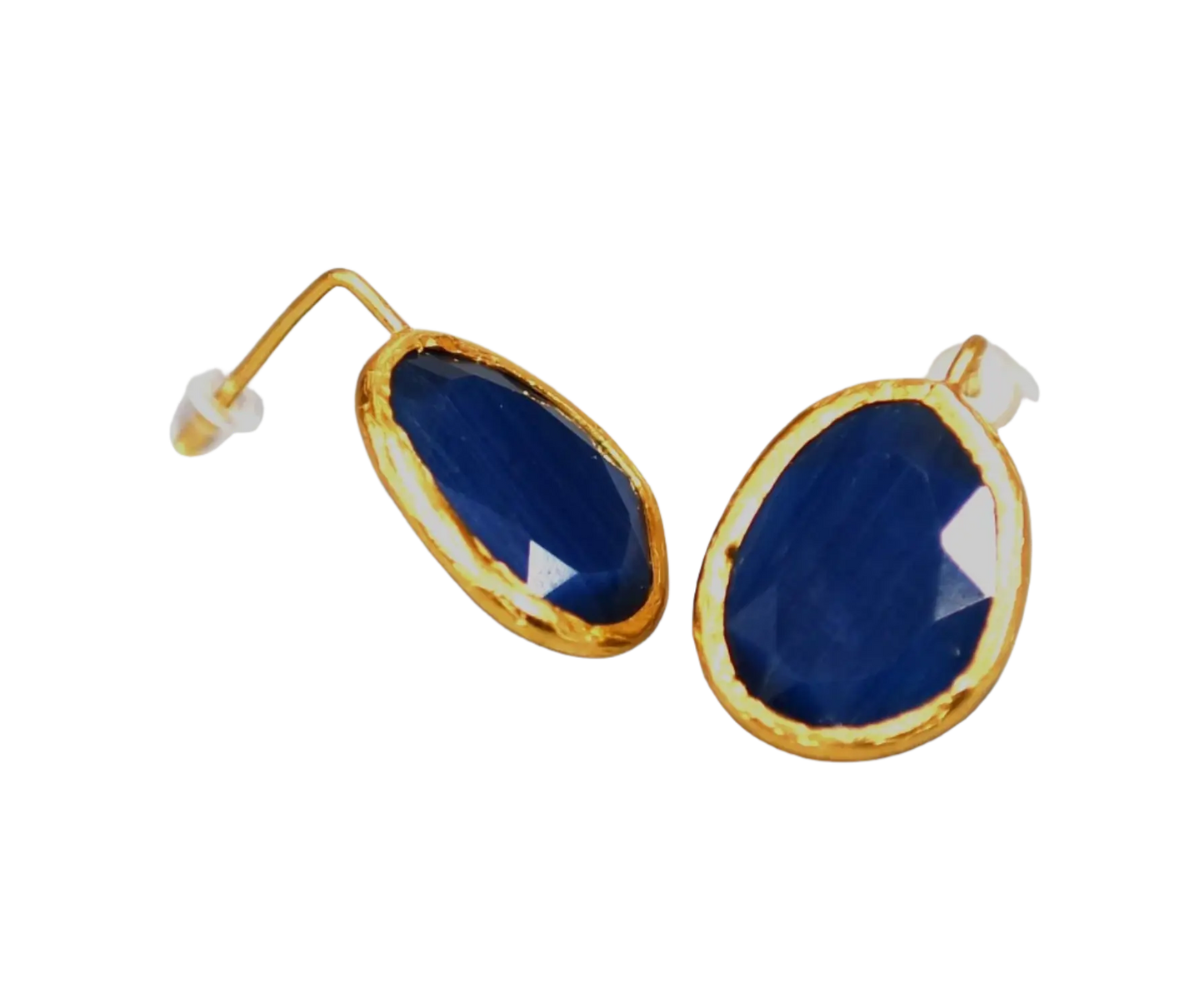 Gold Plated Half Hook Dark Blue Oval Cat Eye Earrings Hey Bou
