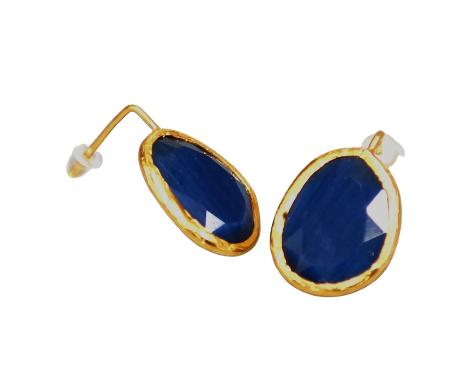 Gold Plated Half Hook Dark Blue Oval Cat Eye Earrings Hey Bou
