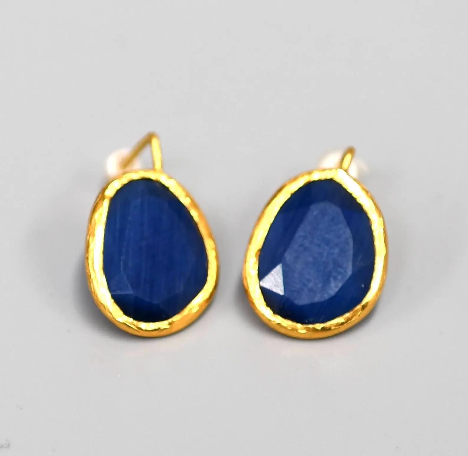Gold Plated Half Hook Dark Blue Oval Cat Eye Earrings Hey Bou