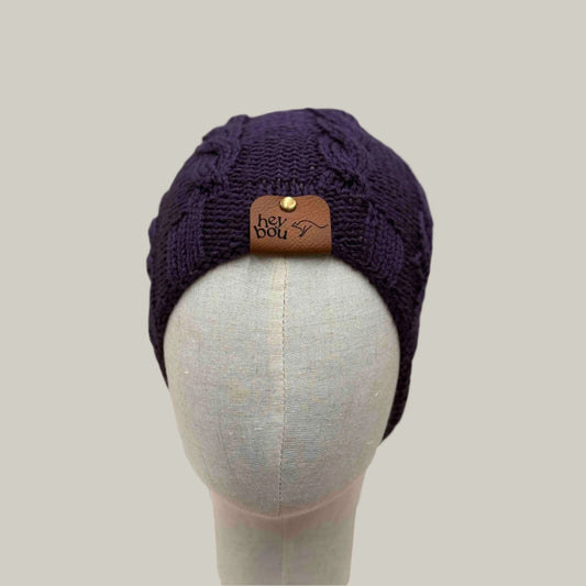Deep Purple Knitted Cable 4cm Rib Adult Beanie 42-57cm H 23cm HeyBou - Made by Lisa