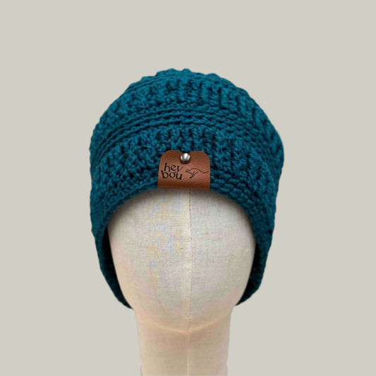 Deep Teal Mix Pattern L Adult Beanie 57-74cm H 23cm HeyBou