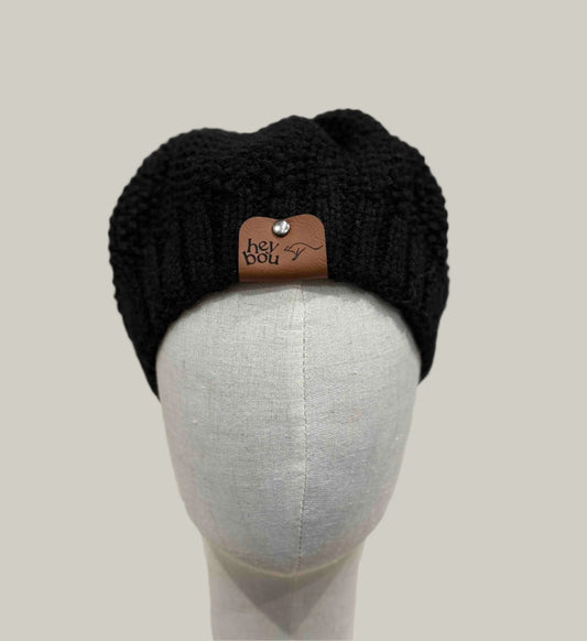 Black French Beret Knit Moss Stitch Short Adult Beanie 50-69cm H 19cm HeyBou
