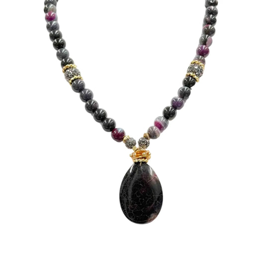 Gold Plated Natural Large Amethyst Agate and Bead Necklace Hey Bou