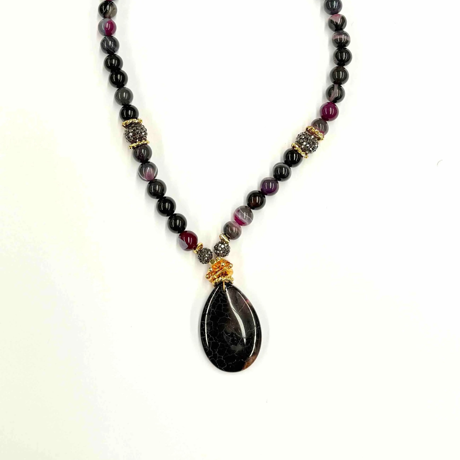 Gold Plated Natural Large Amethyst Agate and Bead Necklace Hey Bou
