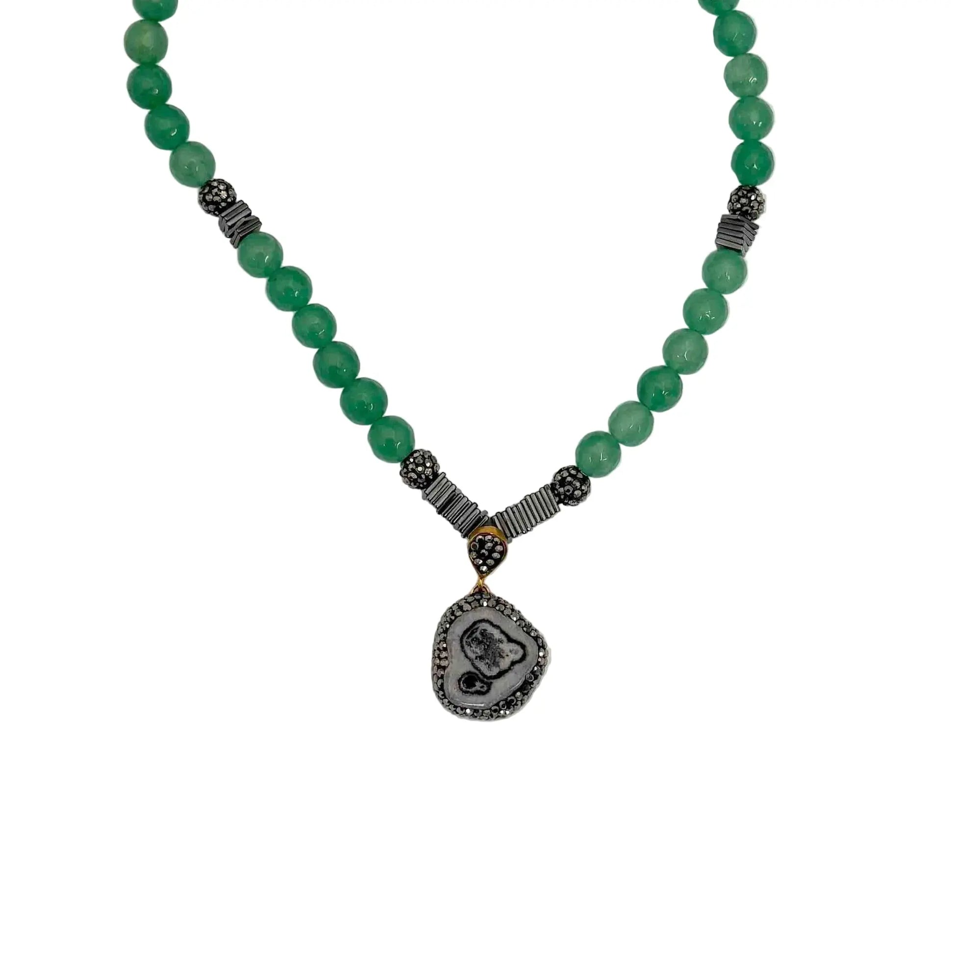 Gold Plated Amethyst Agate Pendant with Green Bead Necklace Hey Bou