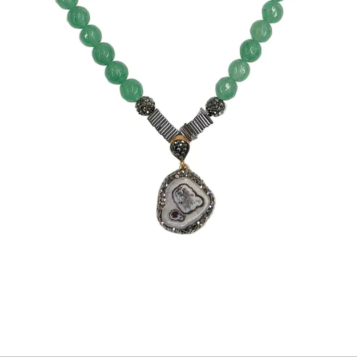 Gold Plated Amethyst Agate Pendant with Green Bead Necklace Hey Bou