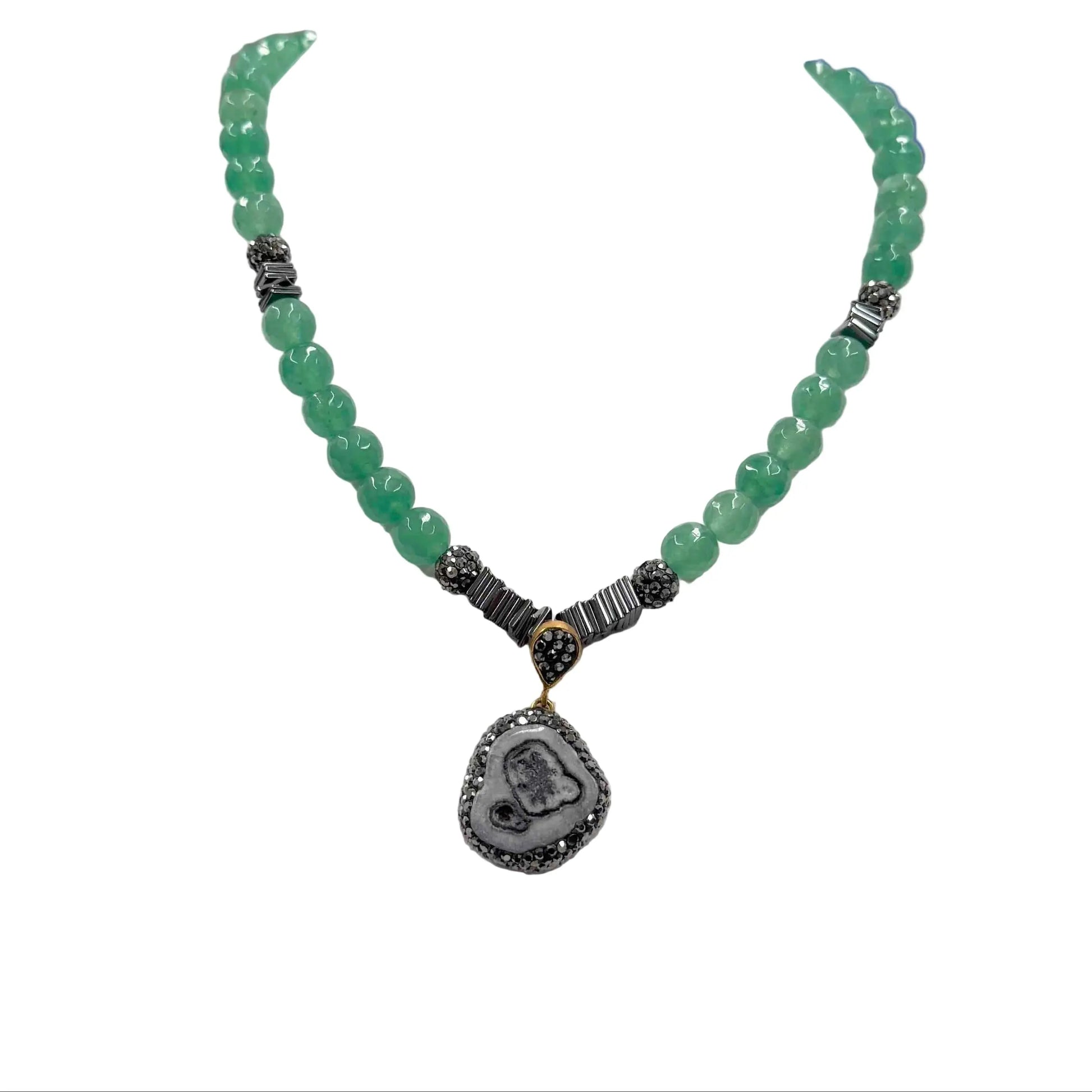 Gold Plated Amethyst Agate Pendant with Green Bead Necklace Hey Bou