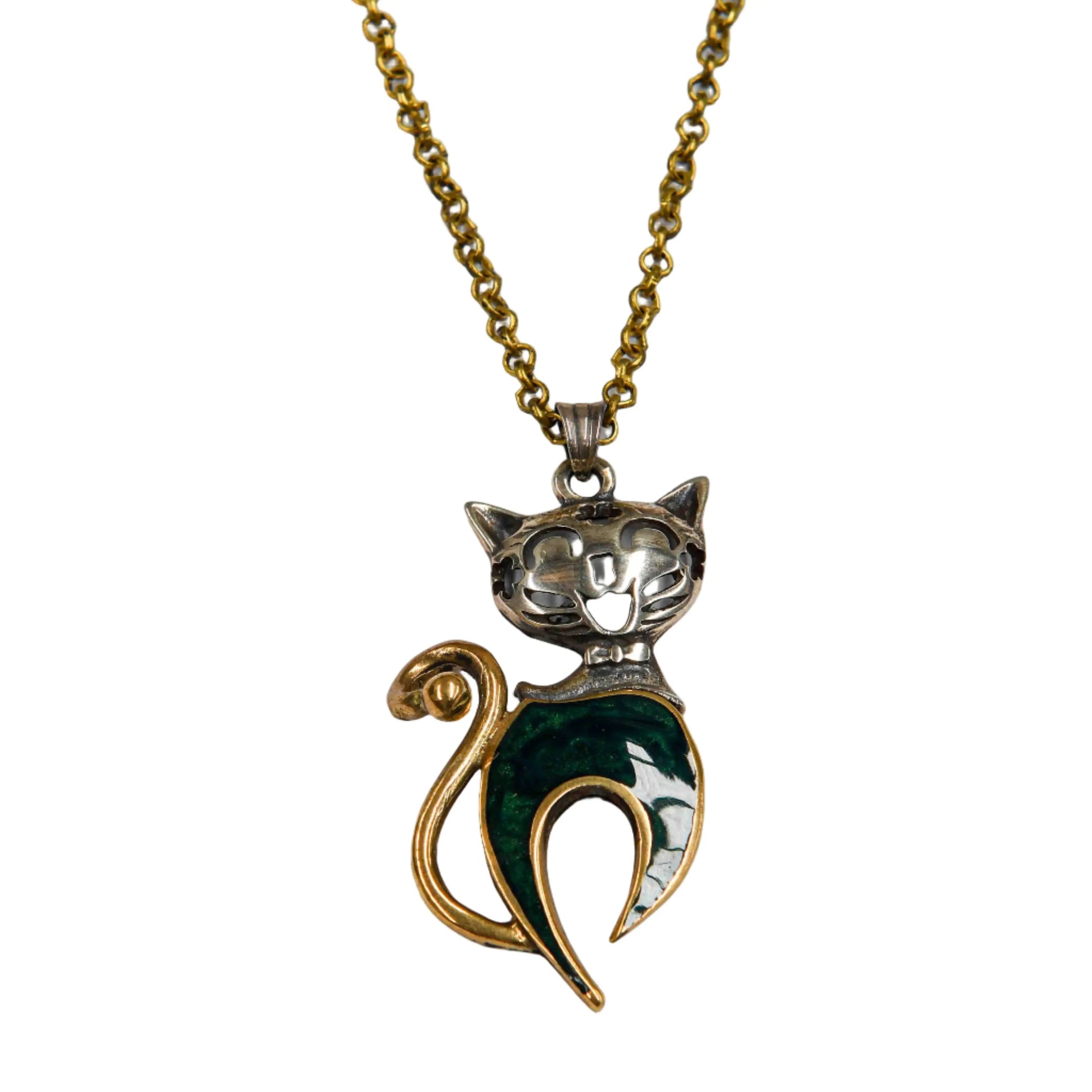 Green Sterling Silver & Brass Cat Necklace Hey Bou