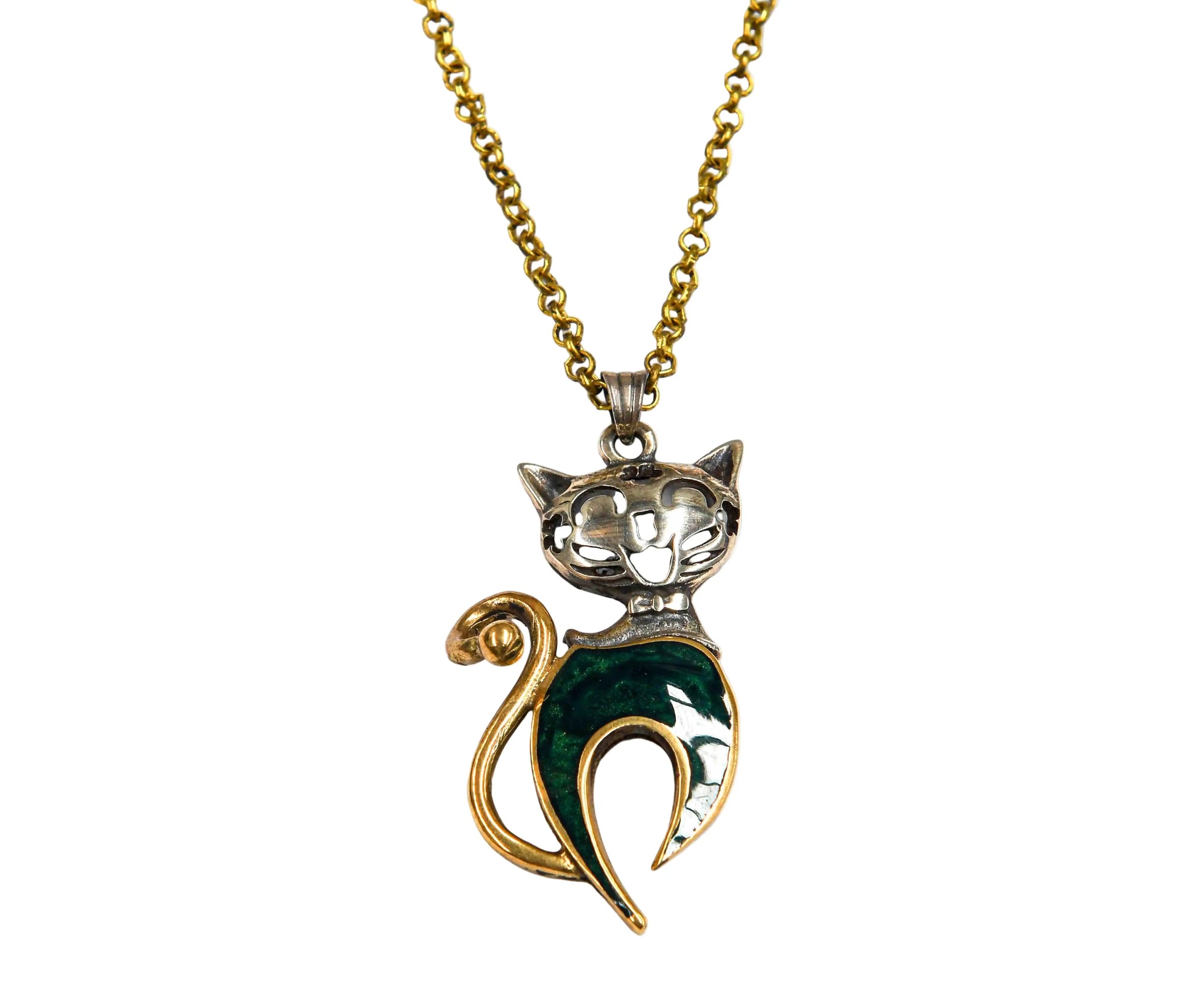 Green Sterling Silver & Brass Cat Necklace Hey Bou