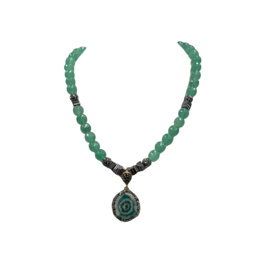 Gold Plated Natural Green Pendant & Beaded Necklace Hey Bou