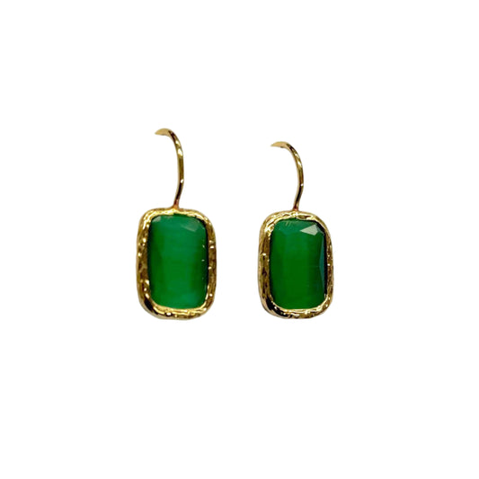 Gold Plated Green Rectangular Cat Eye Earrings