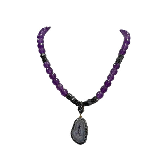 Gold Plated Natural Light Amethyst Pendant & Beaded Necklace Hey Bou