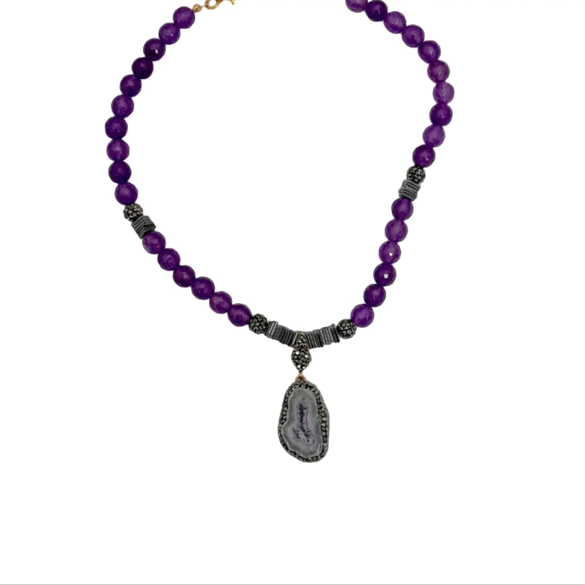 Gold Plated Natural Light Amethyst Pendant & Beaded Necklace Hey Bou