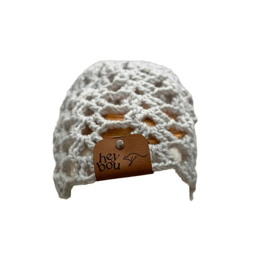 Light Grey Open Lace Treble Crochet Sparkle Baby Beanie 32-47cm H 14cm HeyBou - Made by Lisa