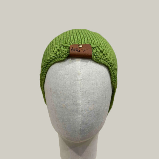 Lime Green Knitted Lace Edge Adult Beanie 50-58cm H 20cm HeyBou - Made by Lisa