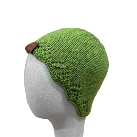 Lime Green Knitted Lace Edge Adult Beanie 50-58cm H 20cm HeyBou - Made by Lisa