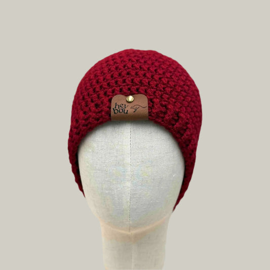 Red Double Crochet 1" Rib Adult Beanie 53-67cm H 21cm HeyBou - Made by Lisa