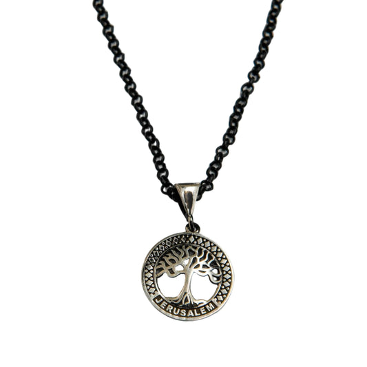 Small Jerusalem Tree of Life Sterling Silver Necklace Black Chain Hey Bou
