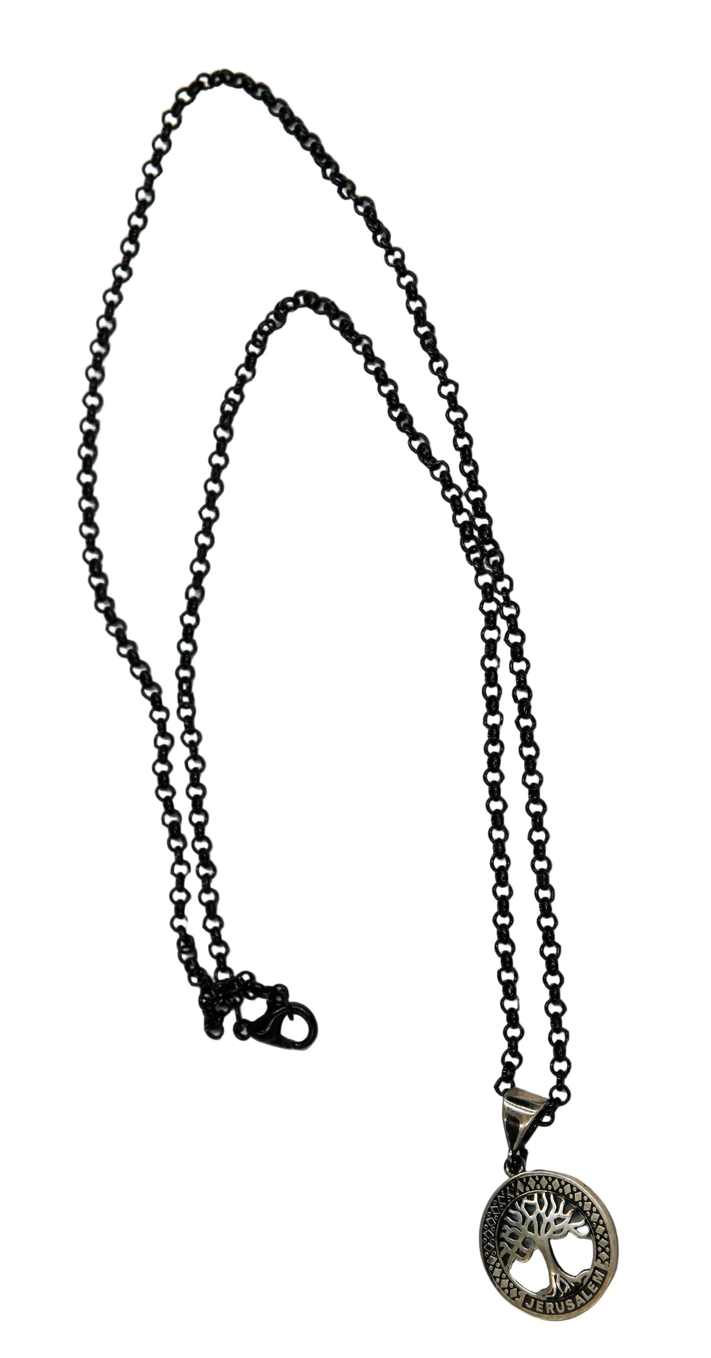 Small Jerusalem Tree of Life Sterling Silver Necklace Black Chain Hey Bou